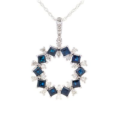 14K WG .Sapphire & Diamond Wreath Pendant Necklace 18". 14k white gold pendant set with 