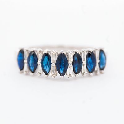 14K WG Marquis Sapphire & Baguette Diamond Ring, size 7. A graceful 14k yellow gold ring 