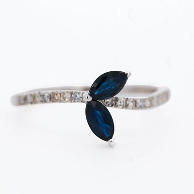14K WG Marquis Sapphire & Diamond Ring, size 7. 14k white gold ring set with two richly colored 