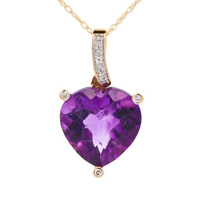 14K YG Amethyst & Diamond Pendant Necklace 18". An 11.00 mm heart-shaped briolette amethyst 