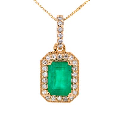 14K YG Emerald & Diamond Pendant. Solid 14k yellow gold necklace measuring 18 inches in length 