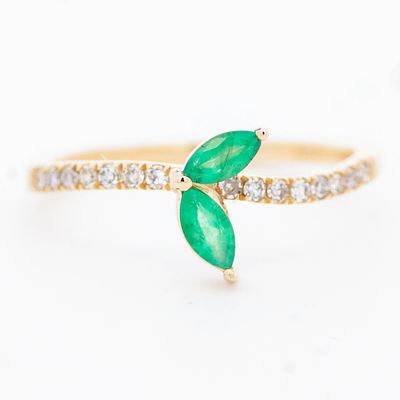 14K YG Secret Garden Emerald & Diamond Ring, size 7. Two vivid 6mm emeralds sit in 14k yellow 