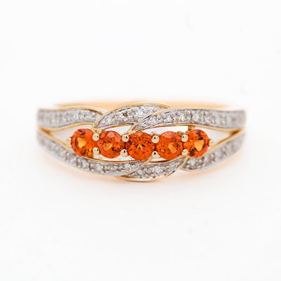 14K YG Mandarin Garnet & Diamond Ring. 14k yellow gold ring set with five round mandarin garnets 