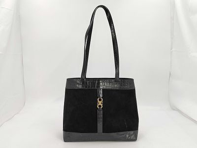 Salvatore Ferragamo Black Suede and Embossed Leather Tote Bag. Salvatore Ferragamo tote bag 