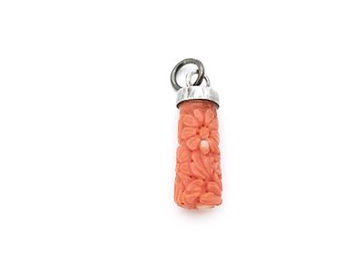 Carved Coral Floral Pendant. Pendant having cylindrical piece of salmon-colored coral carved 