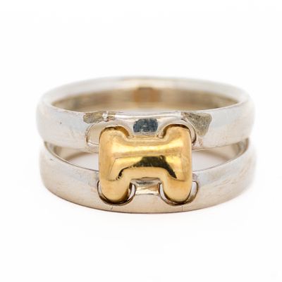 Hermes 18k & 925 Olympe Split Band Ring size 7. Hermes 18k &amp; 925 Sterling Olympe 'H motif' 
