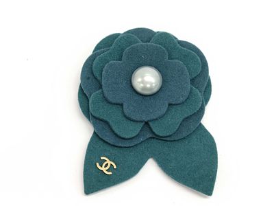 CHANEL Camellia Brooch Teal Fabric Flower with Pearl Center and CC Logo, Box. A vintage Chanel 