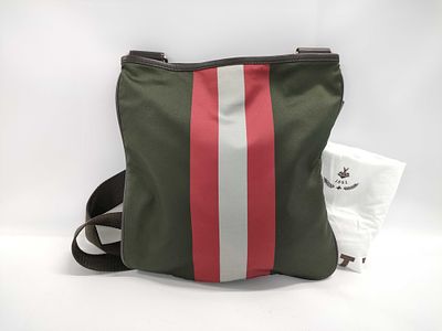 BALLY Canvas Crossbody Bag with Signature Stripe. Bag having dark green canvas body featuring 
