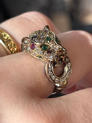 18KYG Panthere 0.76ctw Ruby, Sapphire, Emerald, 0.41ctw Diamond Ring, Size 6.5. 18K yellow gold 