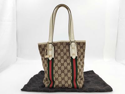 Gucci GG Canvas Sherry Line Handbag Beige and Green-Red Stripe Cute Charm Accents. Authentic 