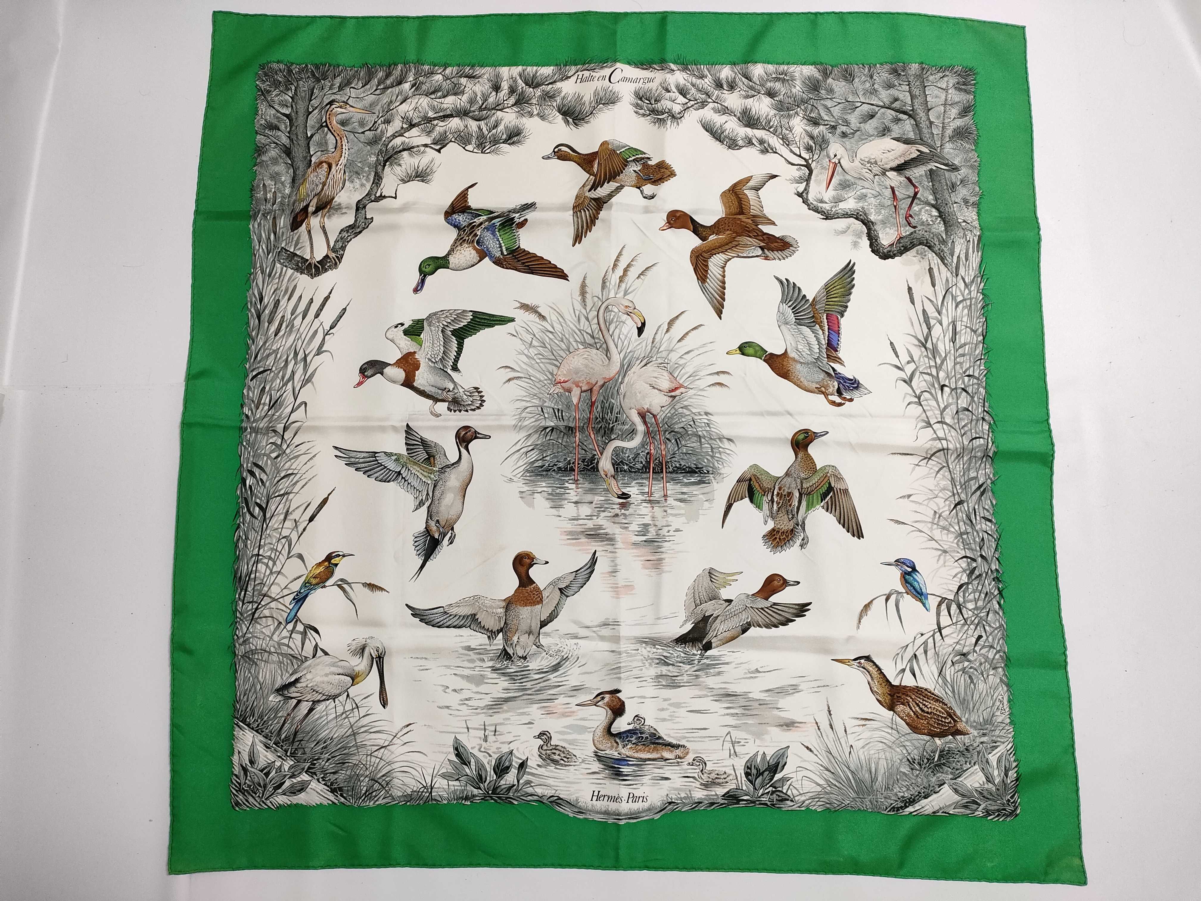 Lot 279 - Hermès Halte en Camargue silk scarf in green 90 cm