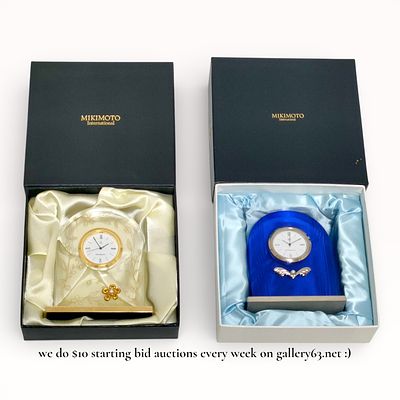 Collection of Two Decorative Mikimoto Table Clocks with Boxes. Mikimoto table clock set having 