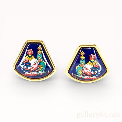 Hermes Cloisonne Enamel Gold Earrings with Box. Authentic vintage Hermes cloisonn&eacute; enamel and 