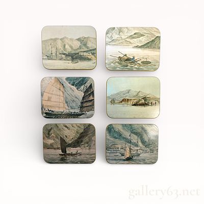 Dunhill Coaster Set with Scenic Motifs. Dunhill coaster set comprising six square coasters 