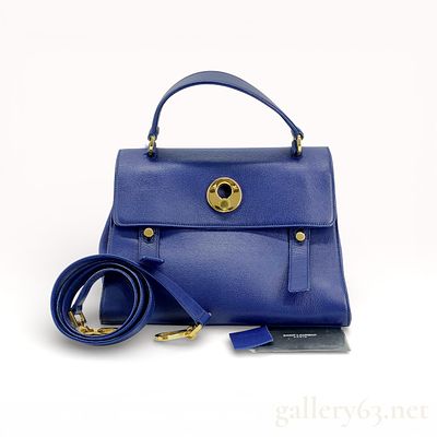 Saint Laurent Muse Two Bag in Blue Leather with Top Handle and Shoulder Strap. Authentic Saint 