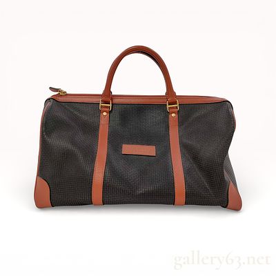 Vintage Bally Duffle Bag in Black Canvas with Tan Leather Trim and Top Handles. Authentic 
