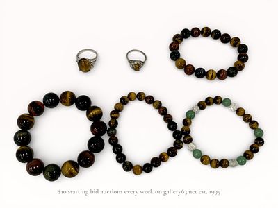 Estate Jewelry Group Lot: Sterling Silver Pieces, Tiger's Eye, Jade, and Crystal Beaded 