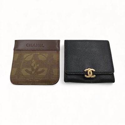 Two Chanel Coin cases; one brown monogram canvas & one in Black Caviar Leather. two Chanel 