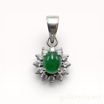 Platinum 900 Jade and Diamond Pendant. Pt900 pendant top set with an oval green jade cabochon at 