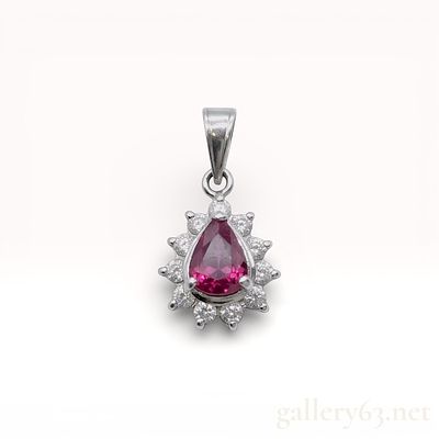 Platinum 850 Pear-Shaped Ruby and Diamond Halo Pendant. Platinum 850 pendant having a 