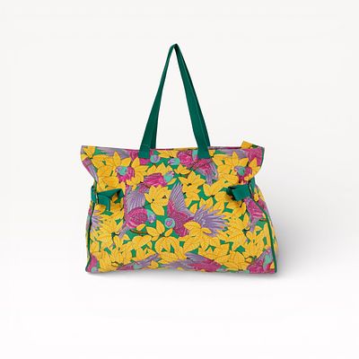 Herm&egrave;s Toile Les Perroquets Bird All-Over Print Tote Bag with Green Handles 50 size. Authentic 