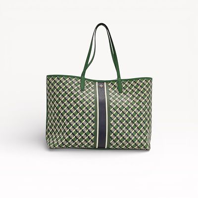 Tory Burch Geo Logo Stripe Tote Bag in Green Coated Canvas with Leather Trim 40cm/16". Authentic 