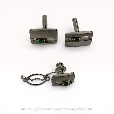 SV 900 Engraved Emerald Diamond 0.04ct Tie Pin and Cuffs. Estate lot offered as shown, including 