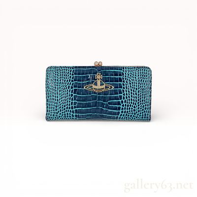 Vivienne Westwood Long Wallet in Teal and Navy Blue Croc-Embossed Leather. Vivienne Westwood 
