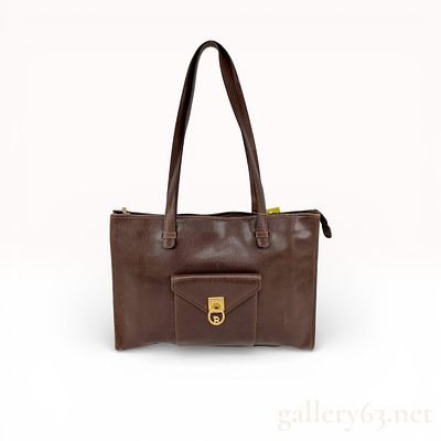 Bally Brown Leather Tote Bag with Front Lock Pocket. Authentic Bally tote bag having a brown 