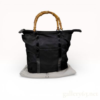 Gucci Vintage Bamboo Top Handle Tote Bag. Authentic black nylon Gucci Vintage Bamboo Top Handle 