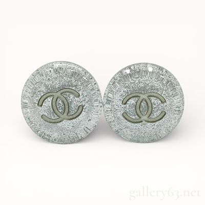 Pair of Chanel Y2K Palladium-Tone Sparkly Resin Button Earrings. Authentic pair of vintage 
