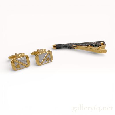 Dunhill Gold-Tone Tie Bar and Cufflinks Set with Geometric Inlay. Dunhill accessories set 