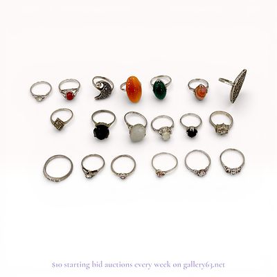 Retro Sterling Silver 925 Rings with Assorted Gemstones Estate Lot, 19 Pieces, Approx. 44g 
