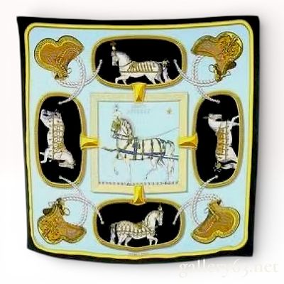 Herm&egrave;s “Grand Apparat” Carre 90 Silk Scarf with Dressed Horse Motif. Herm&egrave;s Carre 90 silk scarf 