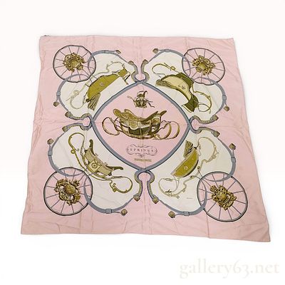 Herm&egrave;s “Springs” Large Format Silk Scarf in Pink with Carriage Motif 90cm. Herm&egrave;s 