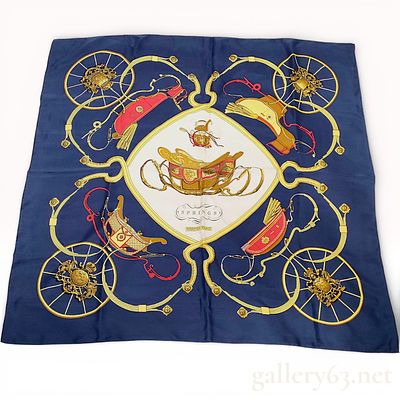 Herm&egrave;s “Springs” Carr&eacute; 90 Silk Scarf in Navy with Carriage and Wheel Motif. Herm&egrave;s 