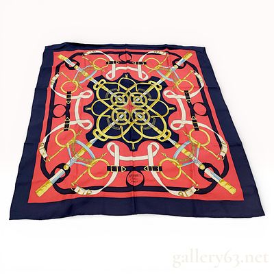 Herm&egrave;s Carr&eacute; 90 Silk Scarf with Harness and Medallion Motif in Red and Navy. Herm&egrave;s 
