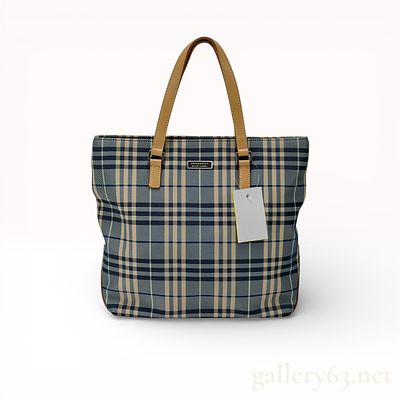Burberry Blue Label Blue Check Canvas Tote Handbag with Tan Leather Handles. Authentic Burberry 