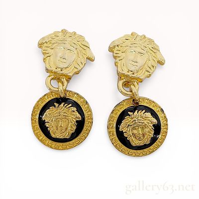 A Pair of Vintage Gianni Versace Medusa Enamel Drop Earrings. Gianni Versace gold-toned drop 