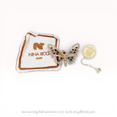 Nina Ricci Gold-Toned Multi-Color Rhinestone Butterfly Brooch. Nina Ricci butterfly brooch, late 