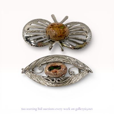 Two Vintage Silver Scarf Slides with Cantera Opal Cabochons. Two mid-20th century silver scarf 