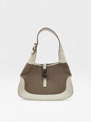 Gucci Jackie O Piston Lock Hobo Bag. Gucci Jackie hobo bag featuring a tan woven canvas body 