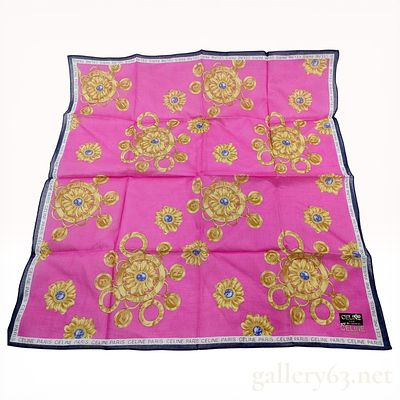 Celine Paris Cotton Scarf with Jewelry Medallion Print. Celine Paris square cotton scarf, late 