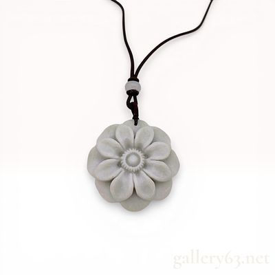 Carved Natural Calcite Floral Pendant Necklace with Chalcedony Accent. Carved natural calcite 