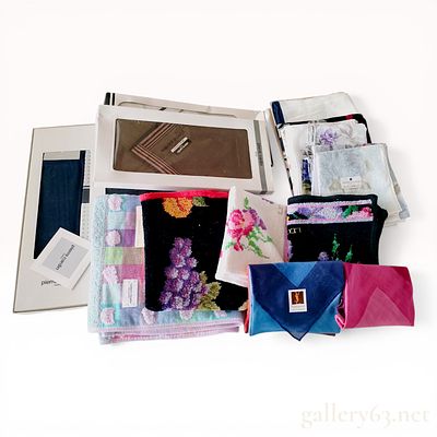 An Assortment of Designer Handkerchiefs and Small Towels including Pierre Cardin, Yves Saint 