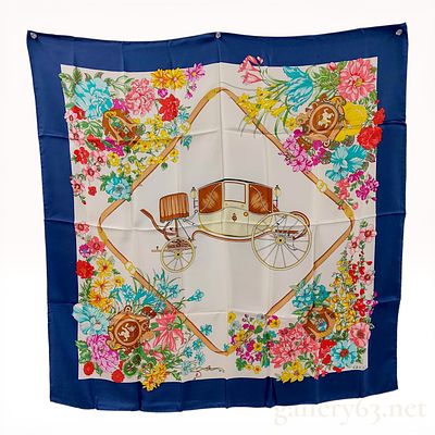 Gucci Vintage Silk Flora and Carriage Motif Scarf. Gucci vintage silk twill scarf, late 20th 