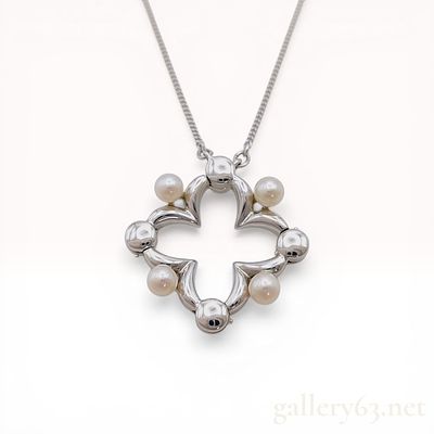 Mikimoto Sterling Silver and Cultured Pearl Quatrefoil Pendant Necklace. Mikimoto sterling 