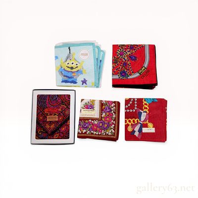 A Group of Five Designer Handkerchiefs including Celine, Missoni, and Feiler. A group of five 