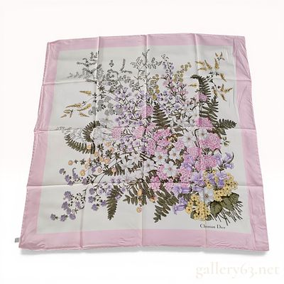 Christian Dior Silk Floral Square Scarf with Pink Border. Christian Dior square silk scarf 