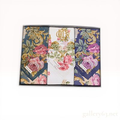 Three Christian Dior Floral Handkerchiefs in Presentation Box. Christian Dior boxed handkerchief 